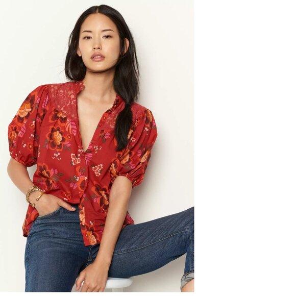 FARM Rio Tops - Anthropologie Farm Rio Giustina Lace Blouse top buttondown floral red new XS
